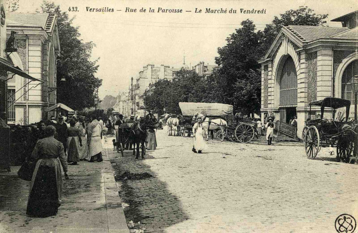 Versailles - Rue de la Paroisse - Le marché du vendredi. Héliotypie A. Bourdier, Versailles