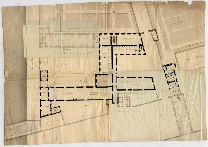 Infirmerie royale de Versailles, contenant l'augmentation des bâtiments faits en 1762 ainsi que les augmentations à y faire en 1777 (recouvrements).