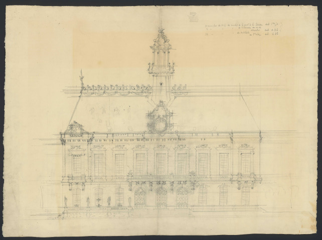 Hôtel de ville de Versailles. Au dos esquisse de l'hôtel de ville.