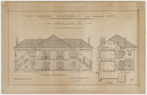 Maisons ouvrières. Legs Meinadier. Pavillon A. Façades principales et coupe sur l'entrée.
