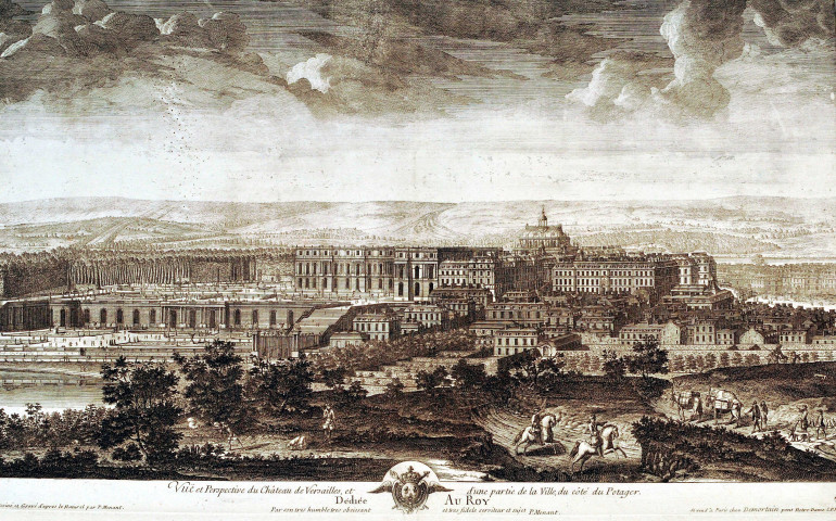 Vuë et perspective du château de Versailles, et d'une partie de la ville, du côté du potager.