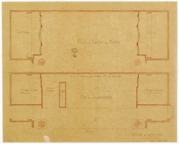 Eglise Sainte-Elisabeth de Versailles. Plan à la hauteur des montres, plan des soubassements.