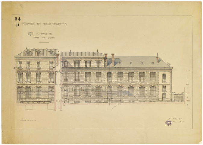 Postes et Télégraphes. Elévation sur la cour.