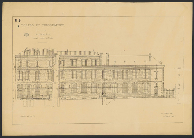 Postes et Télégraphes. Elévation sur la cour.