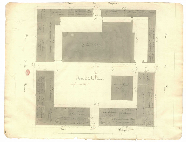 Ancien marché Notre-Dame divisé en carrés, avec les noms des concessionnaires des baraques. Marché à la farine (indication de la surface).