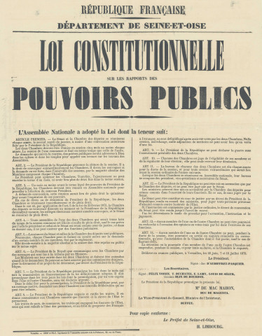 Loi constitutionnelle sur les rapports des pouvoirs publics du 16 juillet 1875.