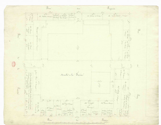 Ancien marché Notre-Dame divisé en carré, avec les noms des concessionnaires des baraques. Marché à la farine.