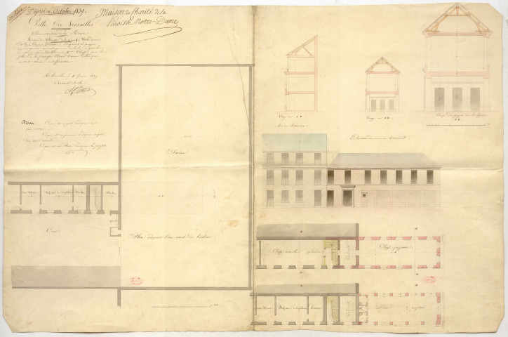 Maison de charité de la paroisse Notre-Dame. Plan, coupe et élévation, indiquant le projet d'agrandissement ou prolongement de l'aile à gauche en entrant, pour établir une quatrième classe pour la ville de la paroisse Notre-Dame.