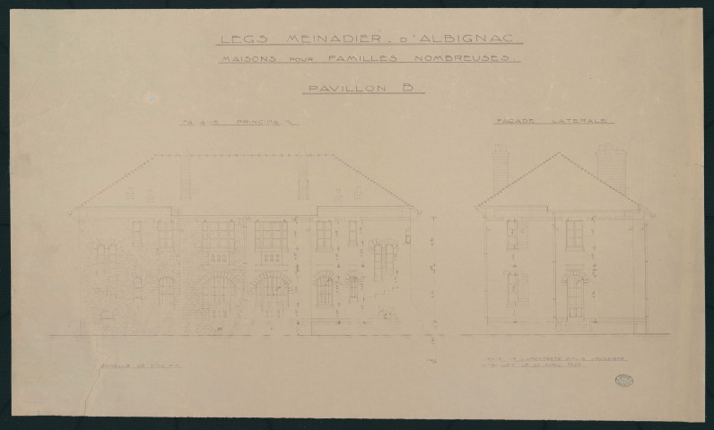 Legs Meinadier-d'Albignac. Maisons pour familles nombreuses. Pavillon B. façades principale et latérale.