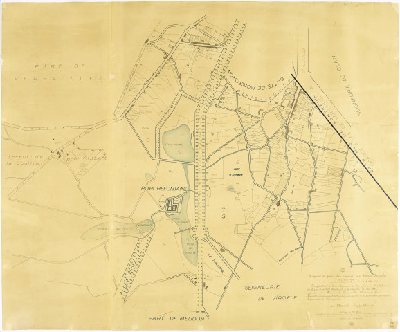 Plan géométral des terres, seigneurie et haute justice de Porchefontaine du Grand et Petit Montreuil, de la Bouillie et des Mé.