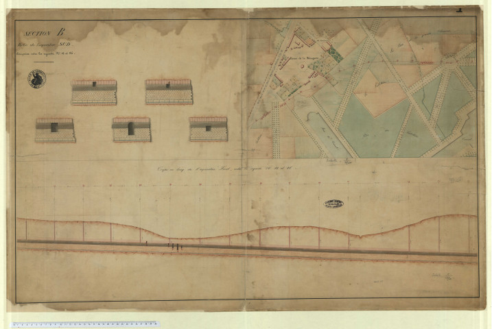 Ville de Versailles. Section B. Partie de l'aqueduc sud comprise entre les regards N°12 et 26. Coupe en long de l'aqueduc sud entre les regards 12 et 26. Vue de la ferme de la Ménagerie et le bras du canal.