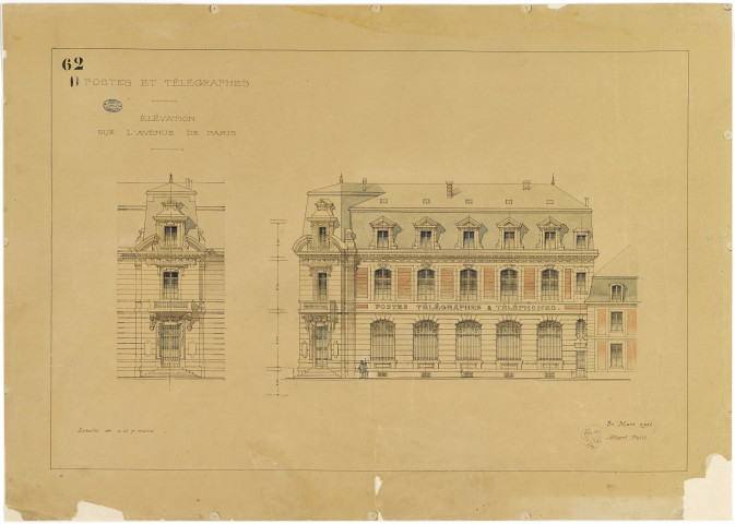 Postes et Télégraphes. Elévation sur l'avenue de Paris.