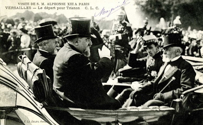 Visite de S. M. Alphonse XIII à Paris. Versailles - Le départ pour Trianon. Hélio. E. Le Deley, Paris