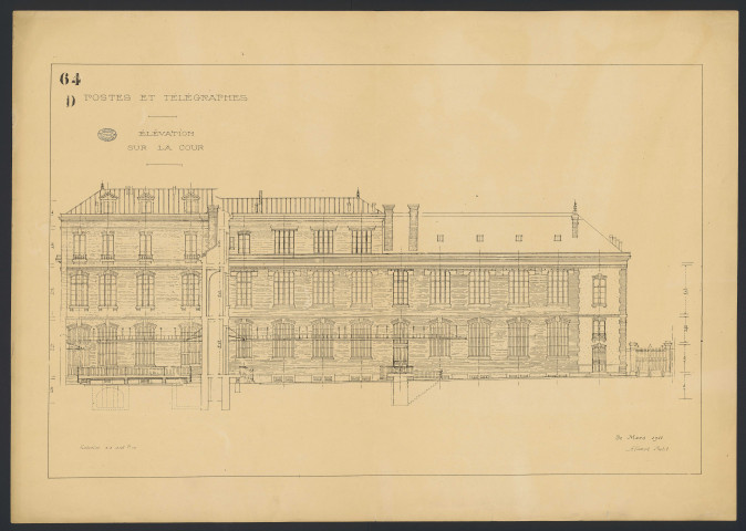 Postes et Télégraphes. Elévation sur la cour.