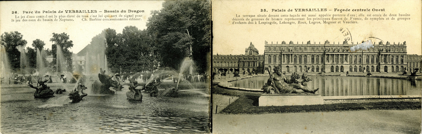 Parc du Palais de Versailles - Bassin du Dragon. Palais de Versailles - Façade centrale ouest.