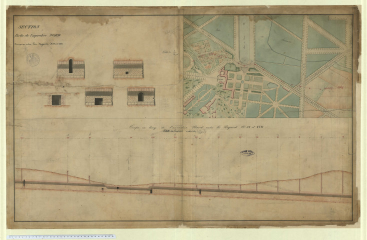 Ville de Versailles. Section. Partie de l'aqueduc nord comprise entre les regards N°IX et XXII. Coupe en long de l'aqueduc nord entre les regards N°IX et XXII. Vue du grand Trianon, petit Trianon et bras du canal.