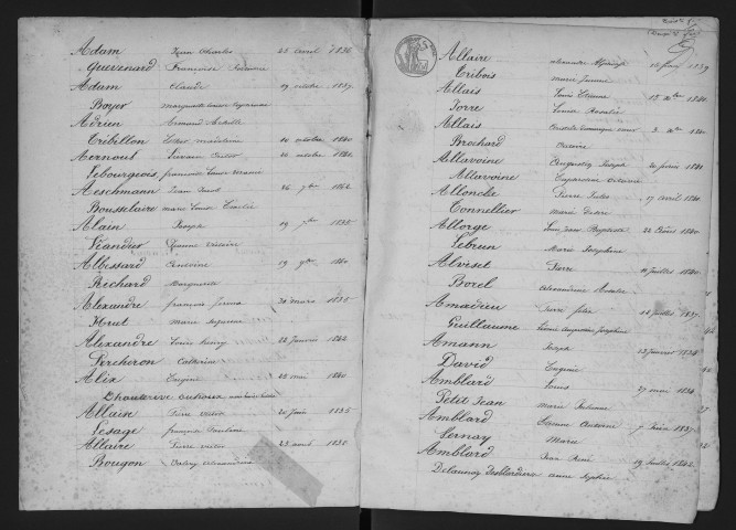 Table décennale des actes de mariage au nom des hommes (1833-1842).