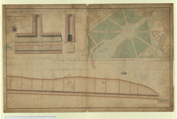 Ville de Versailles. Section A. Partie de l'aqueduc sud comprise entre le carré de Réunion et le regard N°12. Coupe en long de l'aqueduc sud entre son embouchure vers le carré de Réunion et le regard N°12. Vue de l'étoile et route royale, de la ferme de Gally et du carré de Réunion.