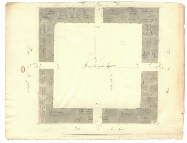 Ancien marché Notre-Dame divisé en carrés, avec les noms des concessionnaires des baraques. Marché aux légumes (indication de la surface).