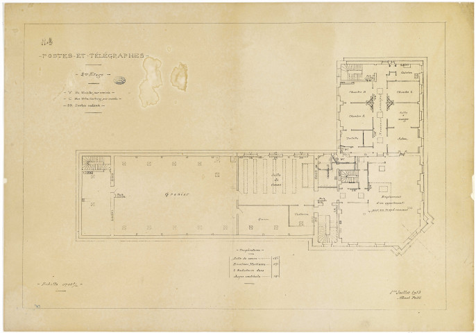 Postes et Télégraphes. Deuxième étage avec indication de la ventilation, des types de fenêtres et les températures (annotations manuscrites).