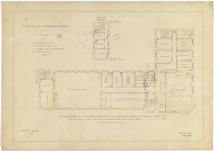 Postes et Télégraphes. Premier étage avec indication de la ventilation, des types de fenêtres et les températures (annotations manuscrites).