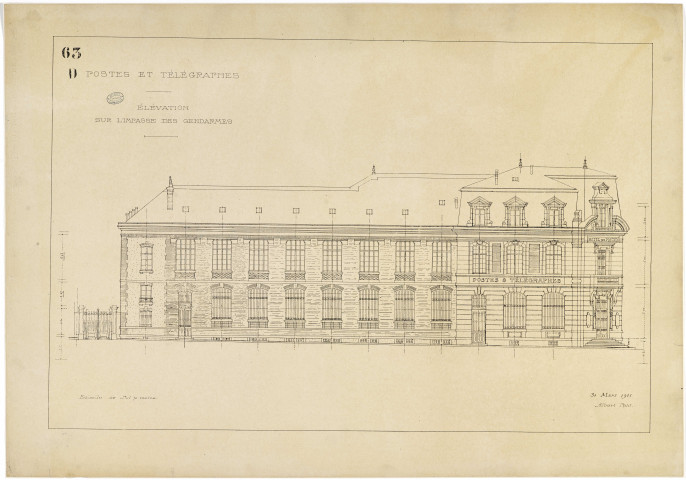 Postes et Télégraphes. Elévation sur l'impasse des Gendarmes.