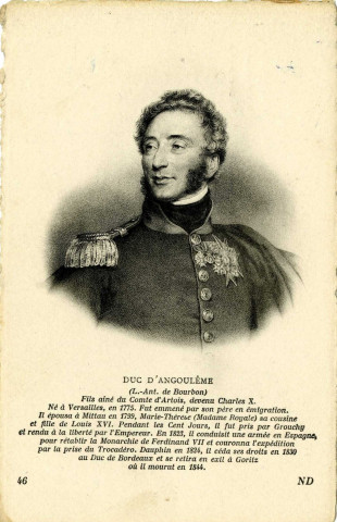 Duc d'Angoulême (L.-Ant. de Bourbon). Fils ainé du Comte d'Artois, devenu Charles X. Lévy et Neurdein réunis, 44 rue Letellier, Paris