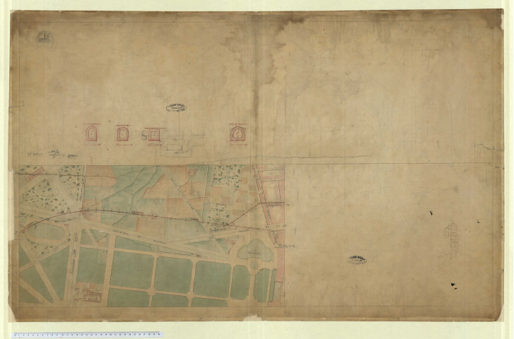 Ville de Versailles. Aqueduc nord compris entre le regard N°XXII l'embranchement rue d'Angeviller et boulevard de la reine. Vue du Trianon Palace et du bassin de Neptune.