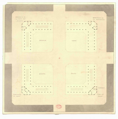 Marché Notre-Dame. Plan des quatre pavillons avec deux pans coupés : poissons, veaux, légumes, fruits.