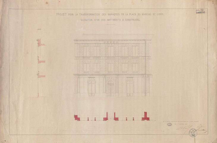 Projet pour la transformation des baraques de la place du marché Saint-Louis. Élévation d'un des bâtiments à construire.