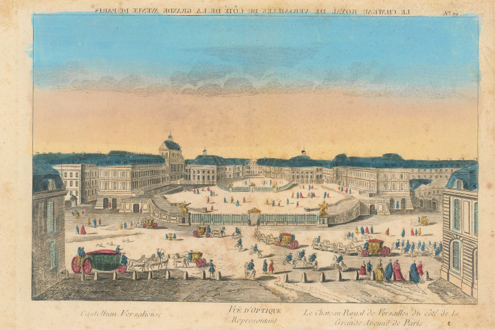 Vue d'optique représentant le Château Royal de Versailles du côté de la grande avenue de Paris.