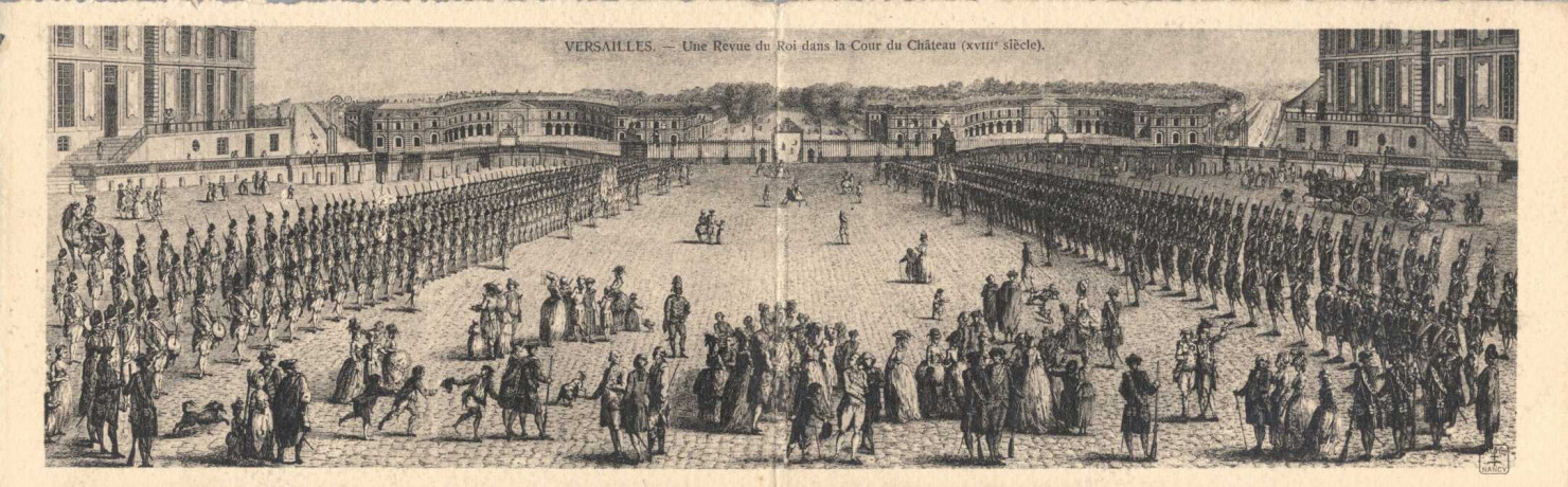 Versailles - Une revue du Roi dans la Cour du Château (XVIIIe siècle).