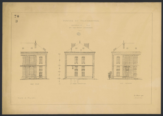 Postes et Télégraphes. Extrémités sud du bâtiment industriel.