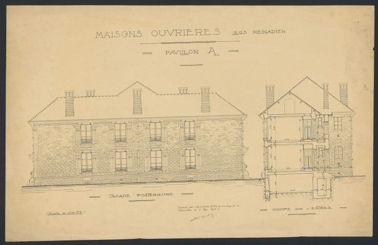Maisons ouvrières. Legs Meinadier. Pavillon A. Façade postérieure et coupe sur l'entrée.