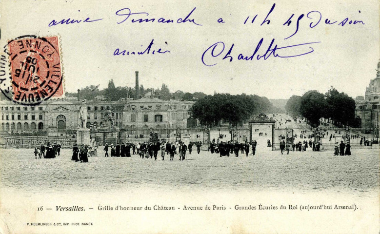 Versailles - Grille d'honneur du Château - Avenue de Paris - Grandes Écuries du Roi (aujourd'hui Arsenal). P.Helminger et Cie, imp.phot., Nancy