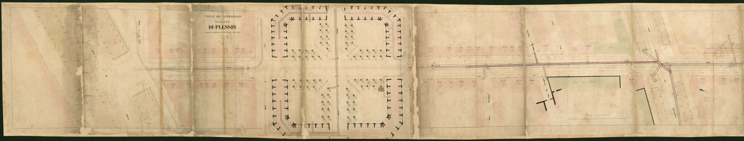 Ville de Versailles. Duplessis (rue).Saint-Cloud (avenue de), Pompe (rue de la), Pain (rue au), Paroisse (rue de la), Pourvoierie (rue de la), Bourbon (rue de), Duplessis (impasse), Hospice (impasse de l'), Neuve (rue), Reine (boulevard de la), Angiviller (rue d'), Débarcadère (impasse du), Berthier (rue), Jardins (impasse des), Beauvau (rue de), Missionnaires (rue des). Halle Notre-Dame, [square Jean-Houdon].