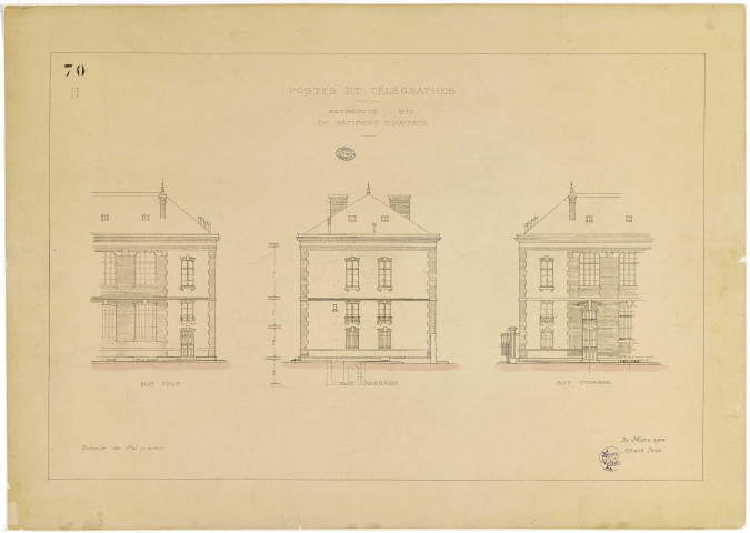 Postes et Télégraphes. Extrémités sud du bâtiment industriel.