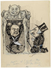 Caricature de Croquebilles parue dans Le Petit Seine-et-Oisien n°42 (9 décembre 1900) et n°77 (25 novembre 1901), L'affaire Court (le commissaire Court et le vénérable de la loge maçonnique).