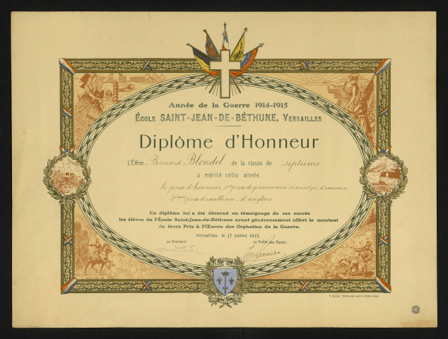 Diplôme d'honneur de l'école Saint-Jean de Béthune.