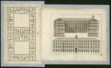 Grand Commun de Versailles. Rez-de-chaussée, premier étage et coupe sur la ligne AB.