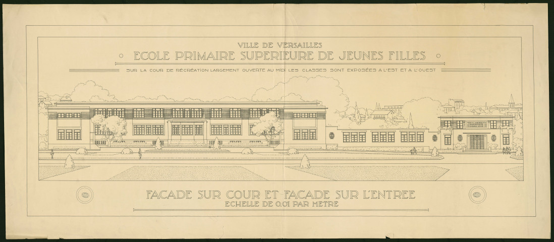 Ecole Primaire Supérieure de Jeunes Filles (R. Poincaré). Façade sur cour et façade sur entrée.