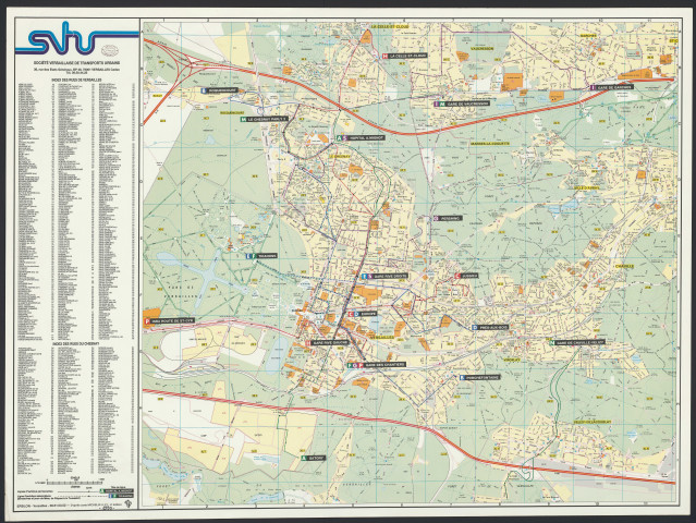 Plan de Versailles. Plan des lignes de bus de la S.V.T.U. [Société versaillaise de transports urbains] (d'après la carte Michelin n°21, quatrième édition).