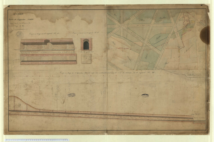 Ville de Versailles. Section. Partie de l'aqueduc nord comprise entre le carré de Réunion et le regard N°IX. Coupe en long de l'aqueduc nord entre son embranchement vers le carré de Réunion et le regard N°IX. Vue de la ferme de Gally, bois et bosquet du Bouillon.