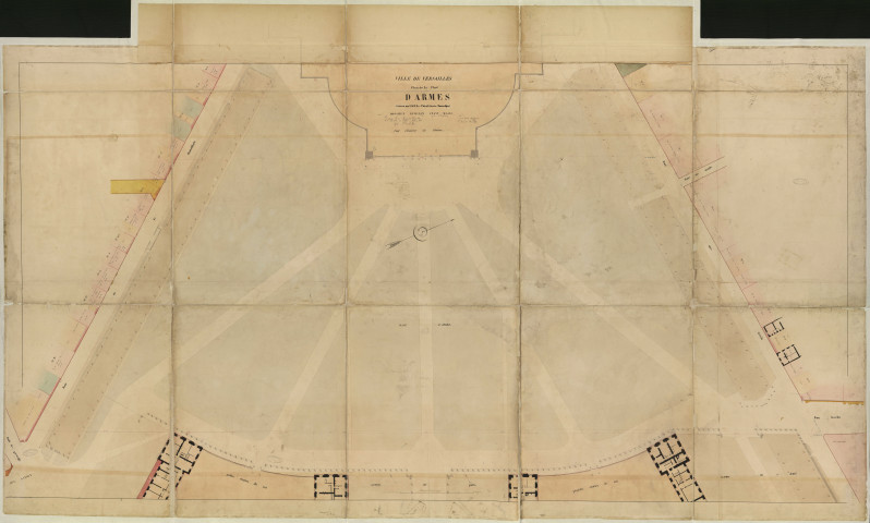 Ville de Versailles. Armes (place d').Chancellerie (rue de la), Satory (rue de), Gravelle (rue de), Paris (avenue de), Saint-Cloud (avenue de), Hoche (rue), Hôtels (rue des), Marly (rue de). Petite écurie de roi, grande écurie du roi.