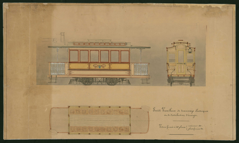 Société versaillaise de tramways électriques et de distribution d'énergie. Voiture fermée à 40 places : intérieur 20, plate-forme 20.