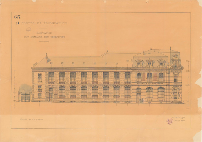 Postes et Télégraphes. Elévation sur l'impasse des Gendarmes.