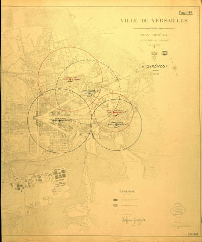 Plan de Versailles. Plan général en 1931. Plan "sirènes", défense passive (avec annotations manuscrites). Entreprise photos Aériennes Moreau, Paris.