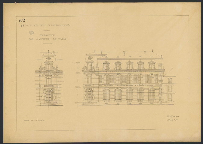 Postes et Télégraphes. Elévation sur l'avenue de Paris.