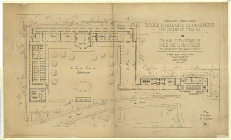 Ecole Primaire Supérieure de Jeunes Filles. Plan d'ensemble, rez-de-chaussée.