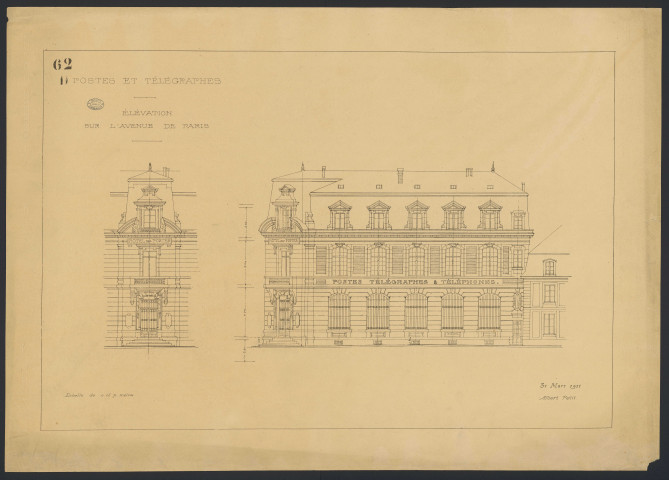 Postes et Télégraphes. Elévation sur l'avenue de Paris.